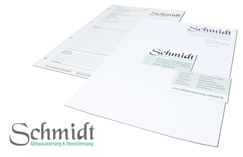 Geschäftsausstattung Altbausanierung: Logo, Visitenkarte, Briefpapier - Beispiel Altbausanierung Schmidt